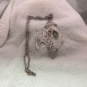 Elegant Silver- toned Fish 15” Pendant Necklace & 9” Chain with Red Pendant